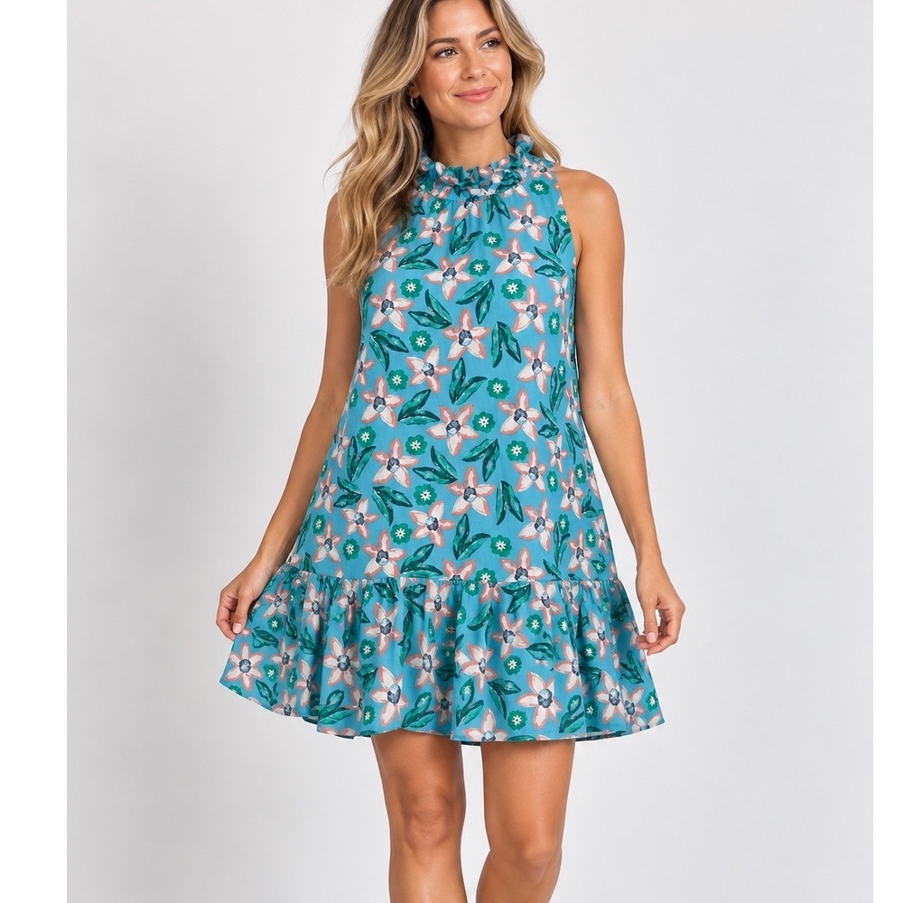 THML Blue Floral Cottagecore Sleeveless Ruffle Neck Tiered Mini Dress Size M